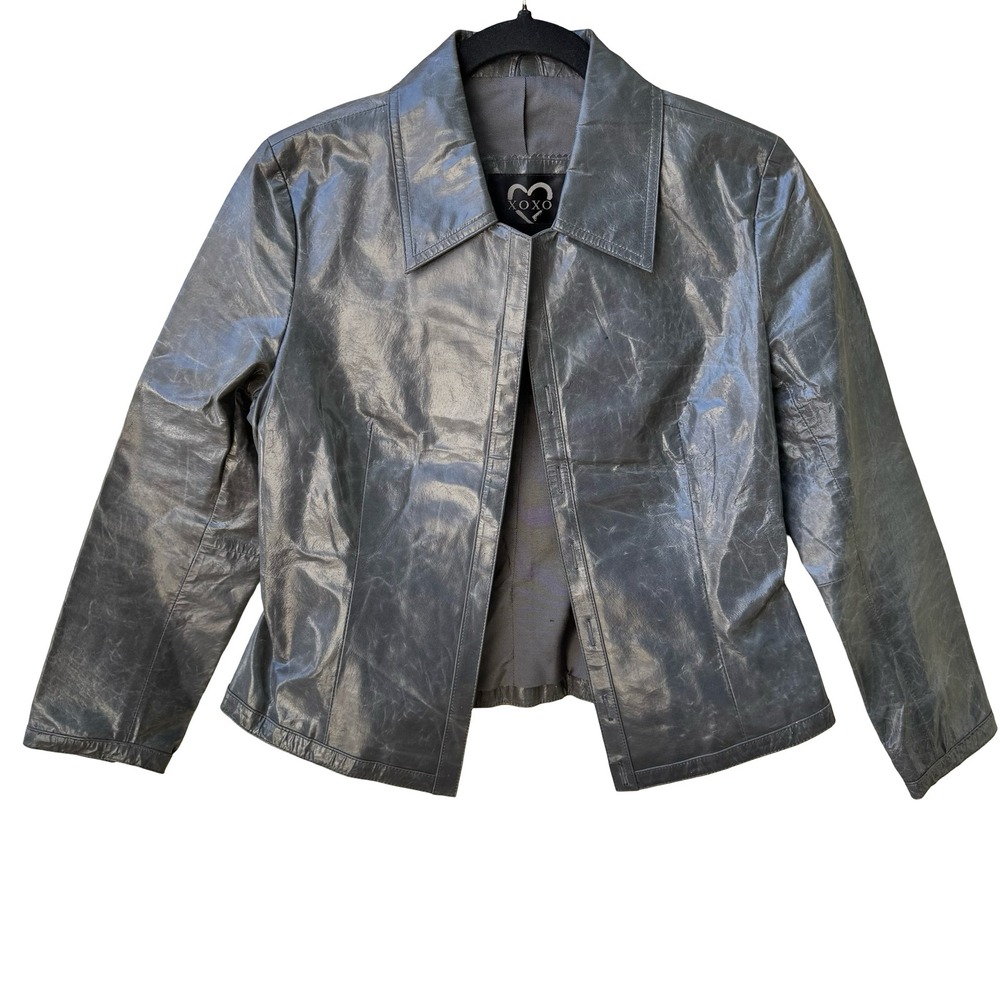 XOXO Vintage Y2K Grunge Distressed Metallic Grey Edgy Leather No Button Jacket S